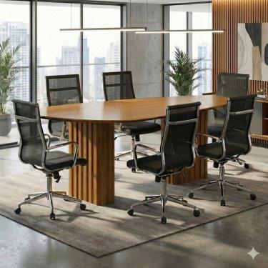 Imagem de Conjunto Mesa de Reuniao com Tampo Organico e 6 Cadeiras Tela Mesh Roma Espresso Móveis Freijo / Preto