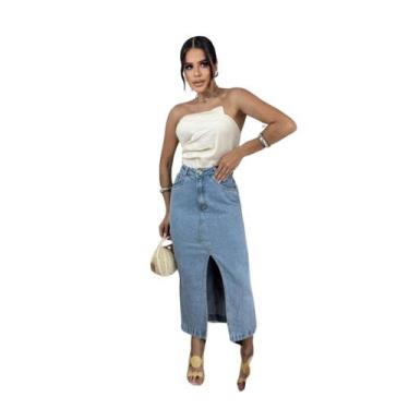 Imagem de Saia Jeans midi cintura alta com fenda lavagem média - Ninas Boutique,