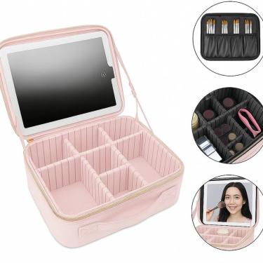 Imagem de Maleta Organizadora para Maquiagem com Espelho LED USB Portátil e Divisórias Internas A...
