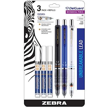 Imagem de Zebra Pen Lapiseira DelGuard pacote com 3 recargas, 0,5 mm, preto, azul, branco, mecanismo de mola dupla que resiste à quebra de chumbo, clipe para fácil transporte (58603)