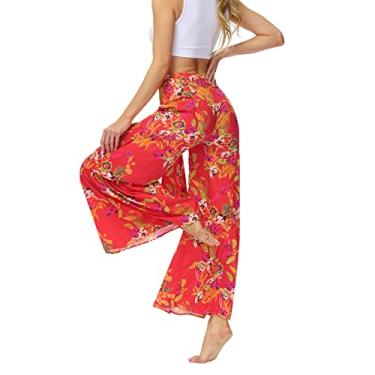 Imagem de Calças femininas casuais soltas estampadas, calças largas de praia, calças de alças (Color : YZ7, Size : XL)