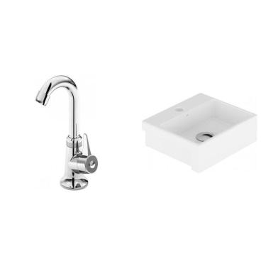 Imagem de Conjunto para Banheiro Cuba de Semi-Encaixe Roma 11,5cmx33cmx29cm e Torneira Bica Móvel 1/4V Japi Branco