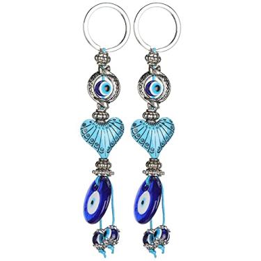 Imagem de Chaveiro do olho da sorte de 2 peças, joias turcas do olho azul, pendente do saco da bolsa do charme, chaveiro do talão em forma de coração, decoração da bolsa do chaveiro