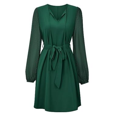 Imagem de UIFLQXX Vestido maxi feminino com decote em V, manga comprida, costura na cintura, cor sólida, vestido casual de malha, vestido de coquetel, Verde, M