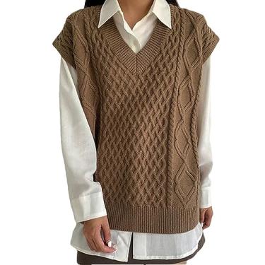 Imagem de Suéter feminino tricotado com gola V, colete casual solto sem mangas pulôver (café M)