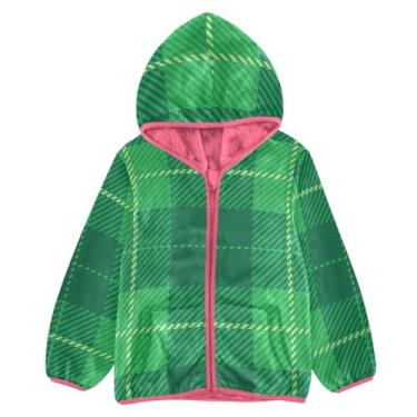 Imagem de Jaqueta infantil de sherpa com estampa xadrez verde tartan jaqueta infantil rosa menina zíper jaqueta 3T, Design de padrão xadrez verde tartã, 4 Anos