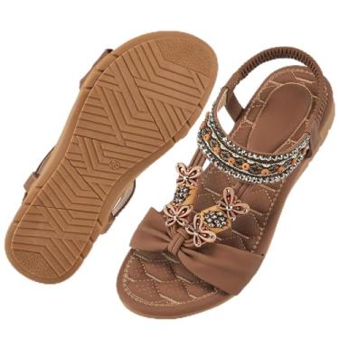 Imagem de Aomigoct Sandálias femininas elegantes de verão: sandálias planas femininas casuais abertas com tira elástica no tornozelo sapatos rasos de praia boêmios para mulheres, Marrom, 41