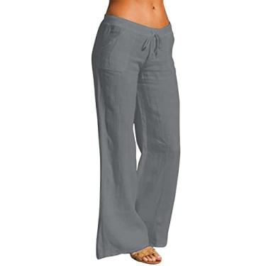 Imagem de Calça flare feminina plus size, cintura alta, calça jeans de algodão de verão, calça social leve para trabalho, Cinza, P