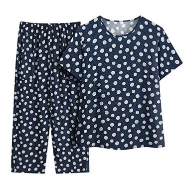 Imagem de Camiseta feminina Cruise Wear para lounge, estampa floral, bolinhas, meia e idosos, algodão, seda, manga curta, Azul escuro, 3G