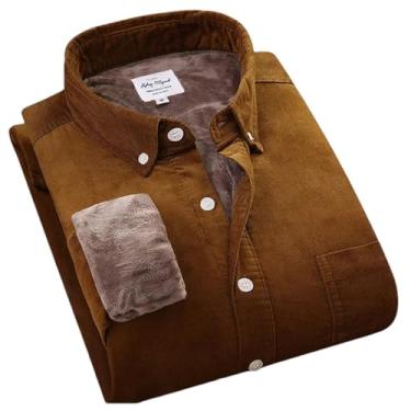 Imagem de Camisa masculina de veludo cotelê grosso de algodão quente, manga comprida, gola de botão, outono e inverno para homens, Café escuro, GG