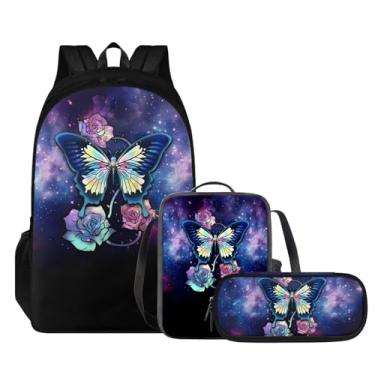 Imagem de Tomeusey Conjunto de mochila para meninos e meninas, Galxy Butterfly Flower, conjunto de 3 peças, mochila escolar com lancheira isolada, estojo de lápis, casual, bolsa de viagem, mochila escolar para