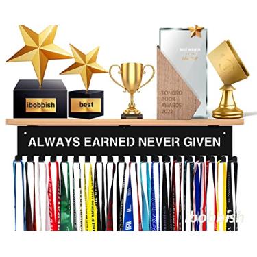 Imagem de Prateleira de exibição de troféus e medalhas ALWAYS EARNED Never Given - Suporte de parede de metal preto com 20 ganchos para prêmios de futebol - Gancho resistente para medalhas grandes