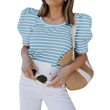 Imagem de Tankaneo Camiseta feminina casual de verão, listrada, manga curta, folgada, túnica, Azul claro, G