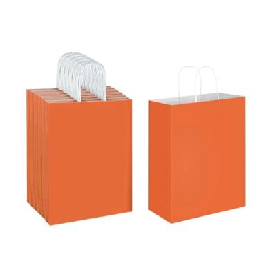 Imagem de Oikss Pacote com 50 sacos de papel kraft laranja de 25 x 33 cm com alças para lembrancinhas de festa de aniversário, compras, compras, negócios, sacolas de presente de artesanato reciclado (tamanho