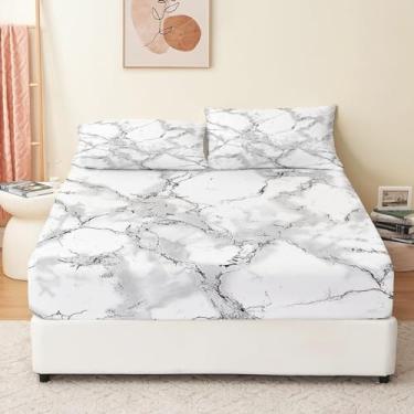 Imagem de Eojctoy Jogo de lençol solteiro listrado com tema de mármore ultramacio 100% microfibra - 40,6 cm com bolso profundo respirável e confortável - 4 lençóis de cama