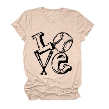 Imagem de Camiseta feminina com estampa de beisebol, caimento solto, gola redonda, túnica de manga curta, camiseta de beisebol de verão, Bege, G
