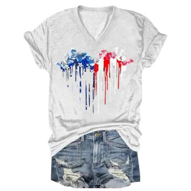Imagem de Camiseta feminina moderna com gola V, manga curta, estampa Dia Independente, Branco, XXG