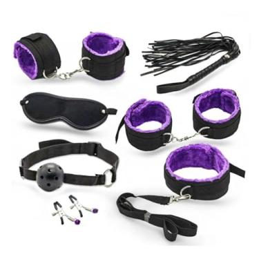 Imagem de Kit Sexual 7 Peças para Casais, Cama Exótica Restrição, Nylon Algemas, Punhos Tornozelo, Venda, Chicote, Mordaça Colar Corda Erótico