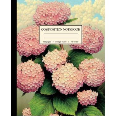 Imagem de Caderno de composição pautado na faculdade: ilustração botânica vintage de hortênsia rosa | Diário de estética de jardim fofo para meninas, adolescentes, mulheres, escola, trabalho (pintura a óleo)