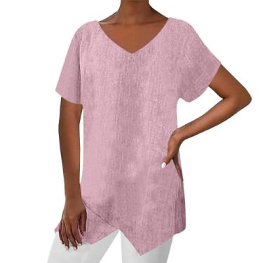 Imagem de Blusa feminina de linho com gola V grande, manga curta, mistura de algodão, camisetas casuais de verão, rosa, M