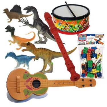 Imagem de Kit 9 Brinquedos Dinossauro Grande Tambor Viola Blocos de Montar Intrumentos Infantil Dino