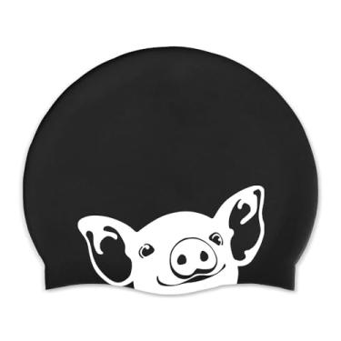 Imagem de WIRESTER Touca de natação para adultos, touca de natação de silicone durável para homens e mulheres, touca de banho confortável impermeável para cabelos curtos médios longos - preta (porquinho)