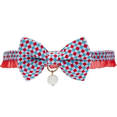 Imagem de Blueberry Pet Colar gargantilha de renda com gravata borboleta e pingente de pérola feito à mão, gola elástica de segurança para gatos, pescoço 21,5 cm a 30,5 cm
