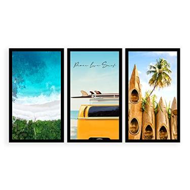 Imagem de Kit 3 Quadros Decorativos Grandes com MOLDURA Pranchas Paisagem Mar Kombi Amarela com Prancha