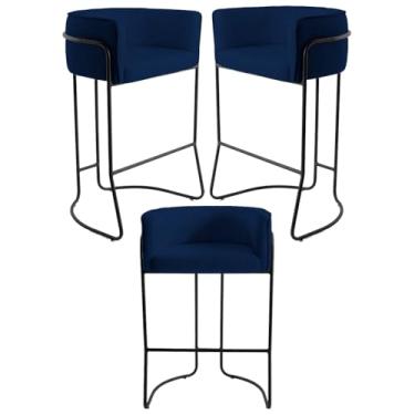 Imagem de Kit 3 Banquetas Decorativas Base Aço Preto Betina B-304 Veludo Azul Marinho - Domi