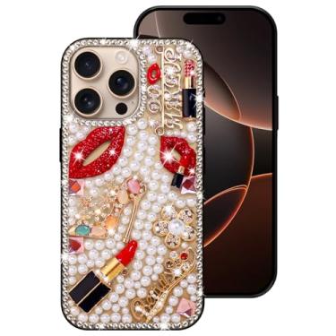 Imagem de Erolagomat Capa brilhante para iPhone 16 Pro Max, capa de telefone de designer de luxo brilhante com glitter brilhante diamante strass lábios batom pérolas flores salto alto, capa macia para mulheres