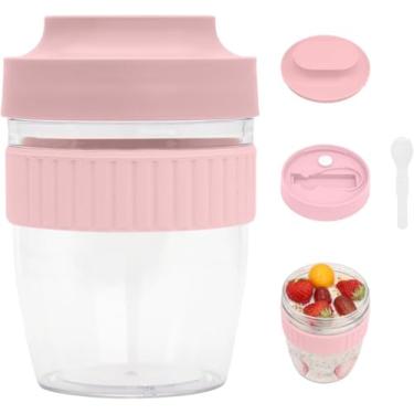 Imagem de Copos De Café Da Manhã Em Transporte, Recipientes De Aveia Durante A Noite Com Tampa E Colher Dobrável, Lanche De Iogurte E Cereal Recipientes De Salada Parfait Para Almoço, (Rosa)
