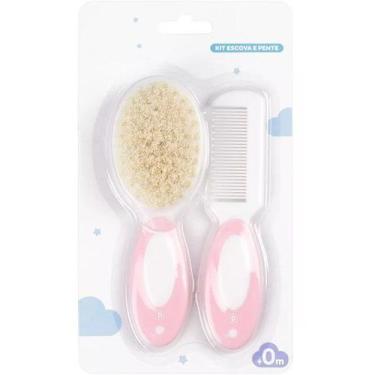 Imagem de Kit Pente e Escova para Bebe Cerdas Naturais Pimpolho, Rosa