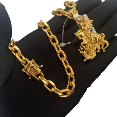Imagem de Cordão Cadeado 8Mm + Pingente São Jorge - Banhado A Ouro - Tojoia18K