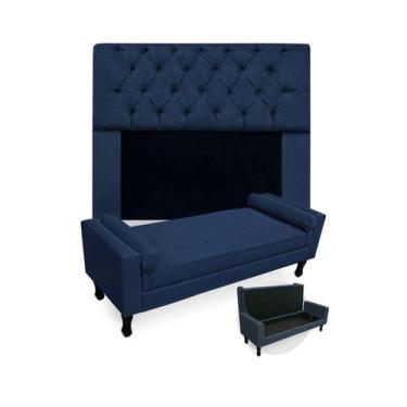 Imagem de Combo Cabeceira Mirage + Recamier Baú Fenix Queen 160 cm Suede Azul Ma