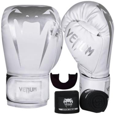 Imagem de Kit luva de boxe muay thai venum giant full logo pro white silver + ba