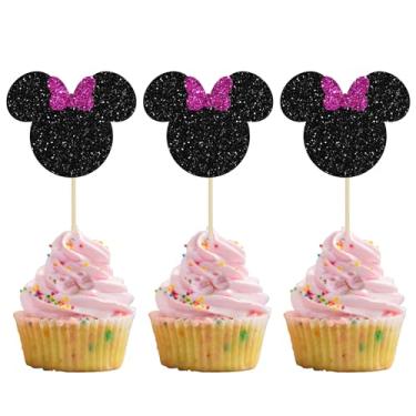 Imagem de Gyufise Pacote com 36 topos de cupcake inspirados na Minnie Mouse com laço, roxo, glitter, mini mouse, decorações para chá de bebê, casamentos, crianças, festa de aniversário