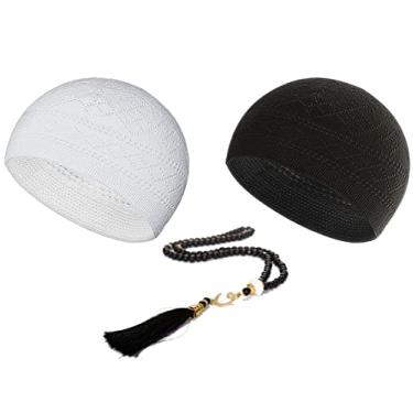Imagem de ESERRA Kufi Chapéus para homens muçulmanos, boné de oração, taqiyah artesanal, boné Taqiyah, Tasbih muçulmano 99 contas, contas de oração muçulmana, Branco e preto., tamanho �nico
