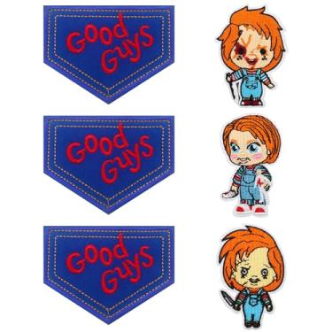 Imagem de 6 peças de adesivos Good Guys para fantasia de Chucky, adultos, mulheres, adultos, masculinos, camisolas, remendos de Halloween, macacões, tatuagens temporárias de Halloween - Passar a ferro
