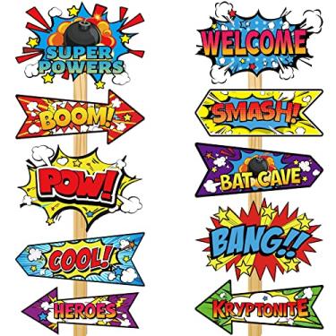 Imagem de 20 peças de decoração de letreiro de direção de festa com tema de herói, super bem-vindo, placa de quintal com herói, aniversário, fotografia de rua, adereços para decoração de festa temática de casa
