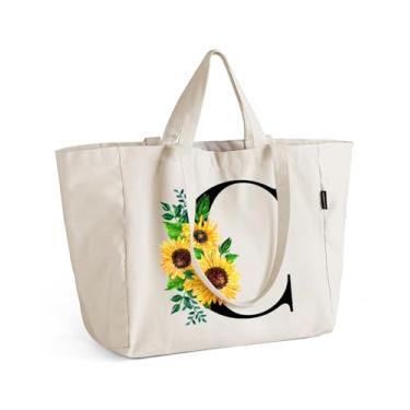 Imagem de AUSVKAI Sacola de lona para mulheres, bolsa de compras de girassol com zíper, bolso interno e alça de ombro longa alça curta, Letra C