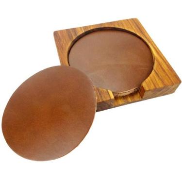 Imagem de Descanso de Copo Porta Copo em couro com suporte em Madeira - Carmisin