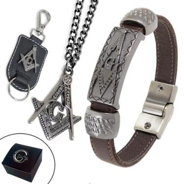 Imagem de Kit de Pulseira de Couro Magnética Chaveiro Colar Marrom Maçonaria Lib