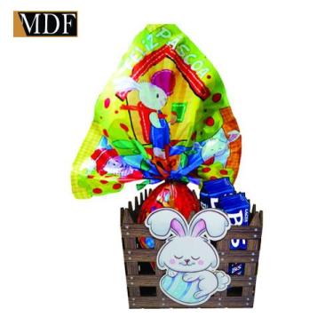 Imagem de Cesta com Cercado e Aplique Coelho Ovo Azul Páscoa 15x15x12 Mdf Madeir