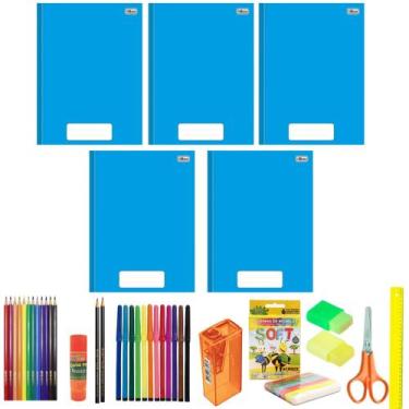 Imagem de Kit 5 Cadernos Grande Costurado Capa Dura Material Escolar Cores Neutr