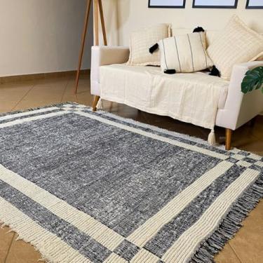 Imagem de Tapete Sala Quarto Artesanal Dupla Face Rustico Minimalista Dama Boho Tear Manual Felpudo Com Franja (Preto, 1,50 x 2,00)