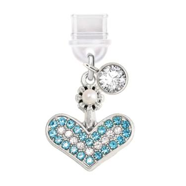 Imagem de ELISE & FONDA TP502 Tipo-C porta de carregamento antipoeira plugue cristal amor coração celular charme para iPhone 15/16/Samsung/OnePlus/Xiaomi/oppo telefones Android (azul), approx. 1.95 cm (L) x