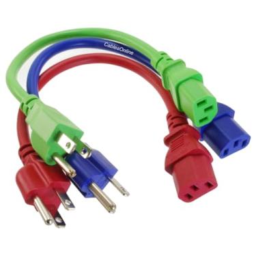 Imagem de CablesOnline Pacote com 3 cabos de alimentação curtos de 3 condutores, 18AWG, NEMA 5-15P para IEC C13, três cores, vermelho, verde, azul, PC-301MC