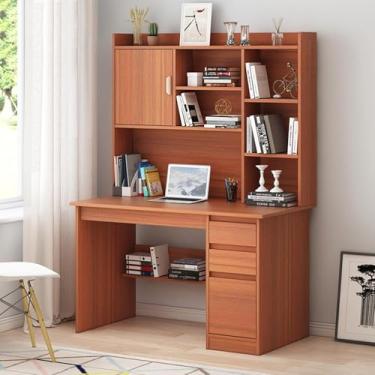 Imagem de Mesa de madeira para computador com estante e cabana, grande mesa de escrita para escritório doméstico com gaveta e prateleira de armazenamento, mesa moderna para laptop PC, mesa de trabalho com