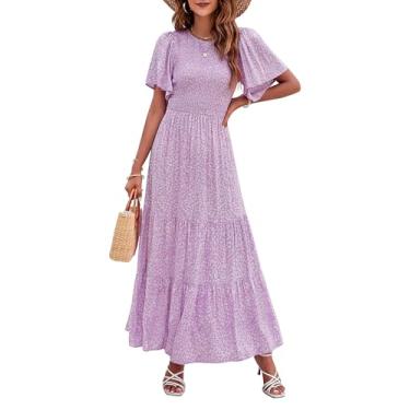 Imagem de ZESICA Vestido maxi feminino casual de verão com estampa floral, manga curta, gola redonda, cintura alta, rodado, Roxa, G