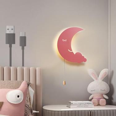 Imagem de Luminária de parede lunar operada por bateria, luz noturna para quarto infantil, luzes de parede LED com interruptor de cordão, iluminação de parede acrílica, luminárias modernas de cabeceir